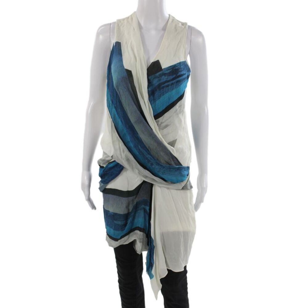 Helmut Lang Women Silk Striped V-Neck Tank Dress Sleeveless Blue Size 6